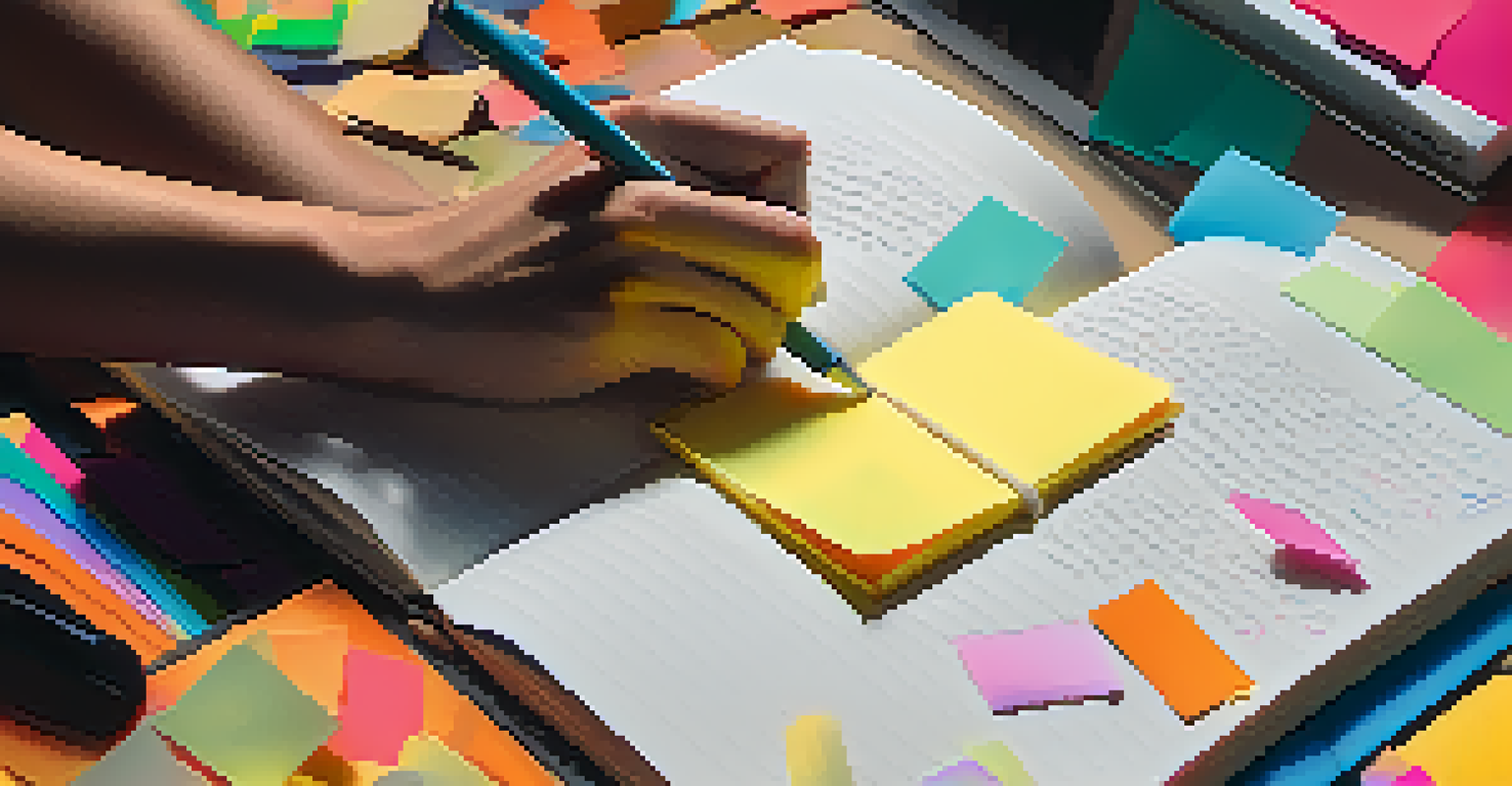Close-up of hands writing in a journal with colorful sticky notes and a laptop, illuminated by a warm desk lamp.