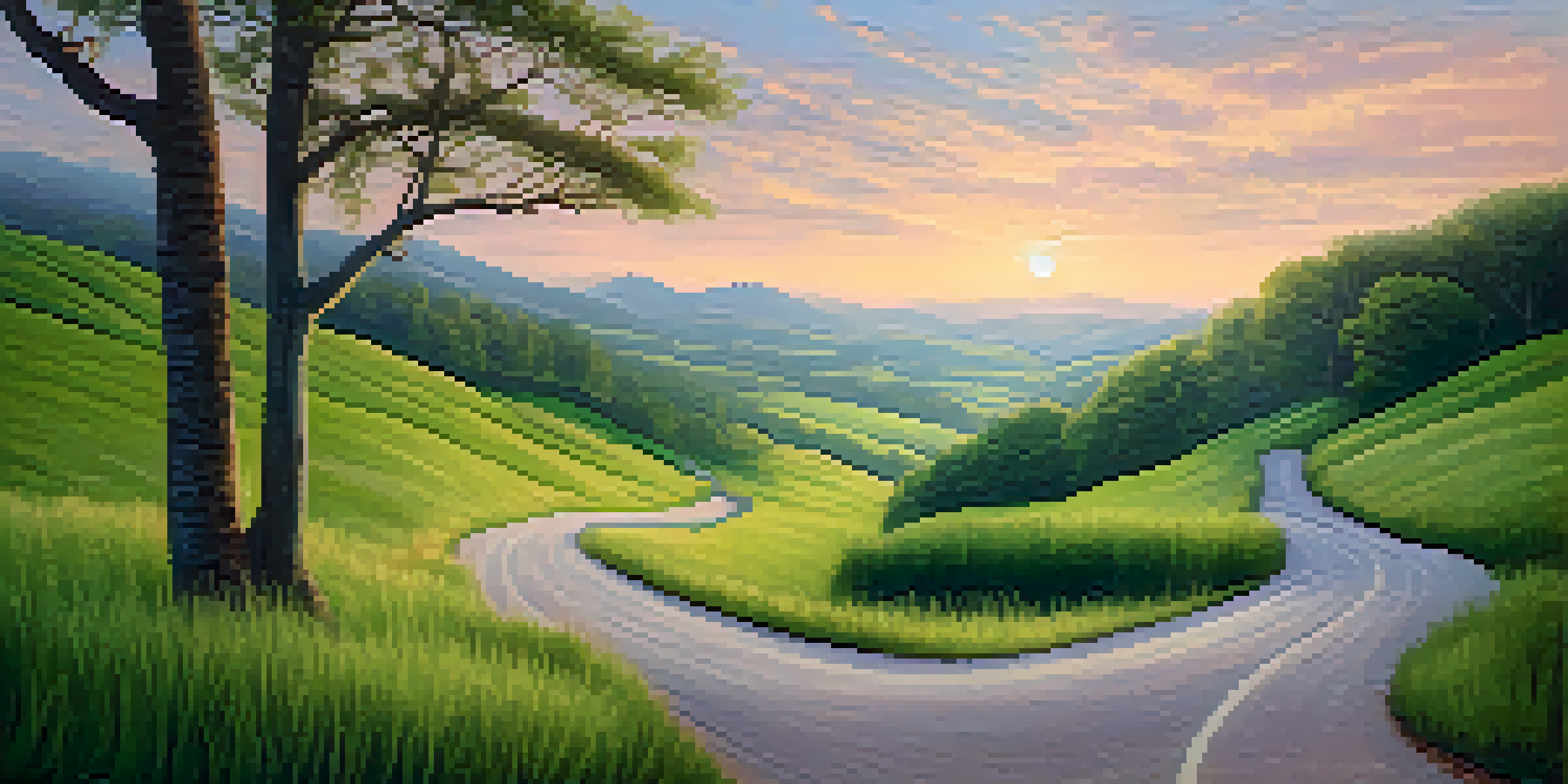 A winding road through a green valley at dawn, with a signpost indicating directions to 'Goals' and 'Dreams'.