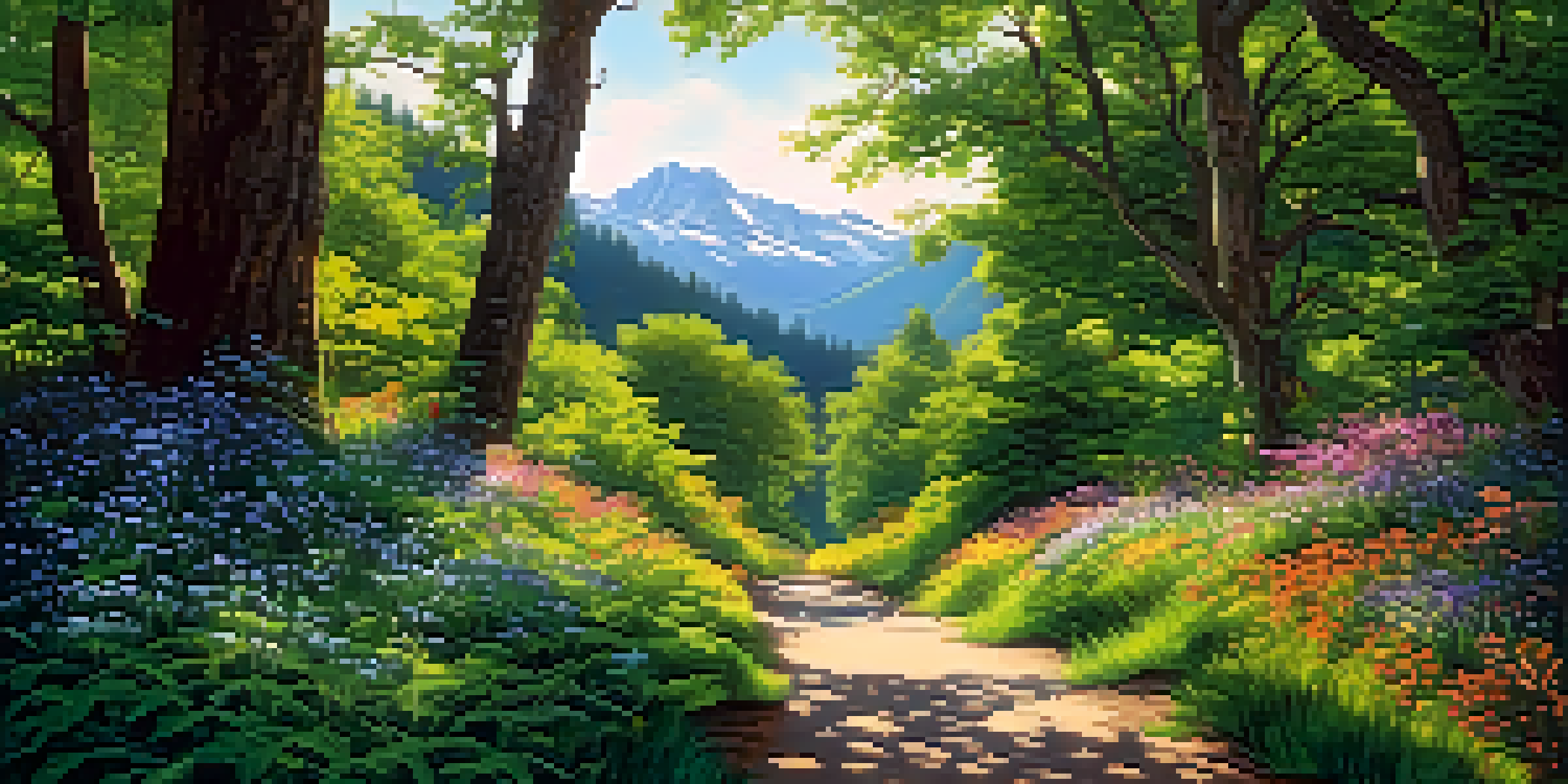 A peaceful forest scene with a winding path, sunlight shining through trees, and colorful wildflowers.
