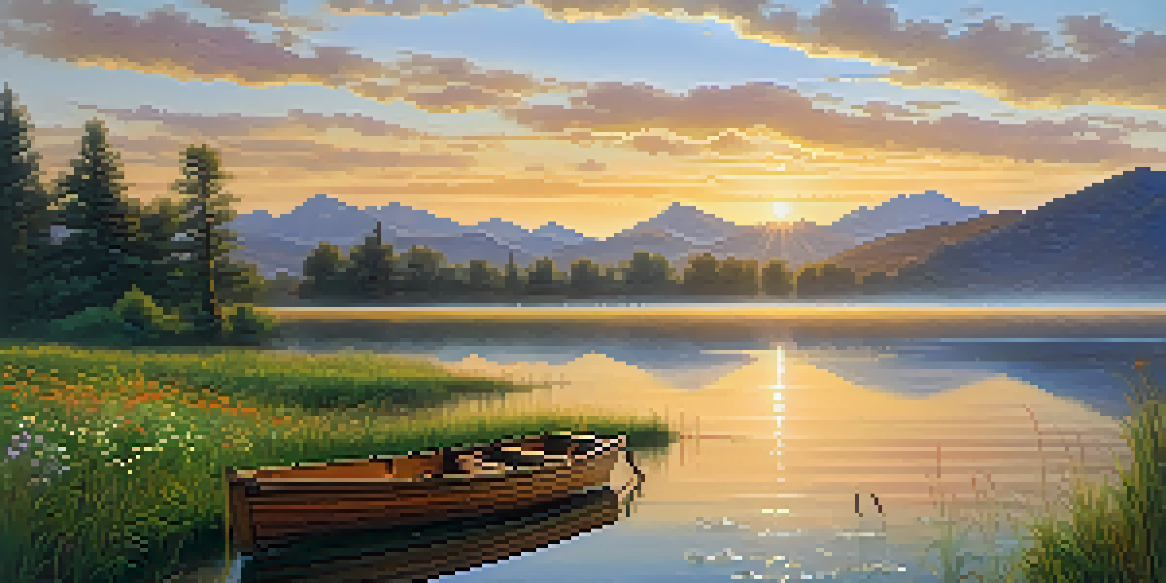 A peaceful sunrise over a calm lake with mist, wildflowers in the foreground, mountains in the background, and a wooden rowboat on the water.
