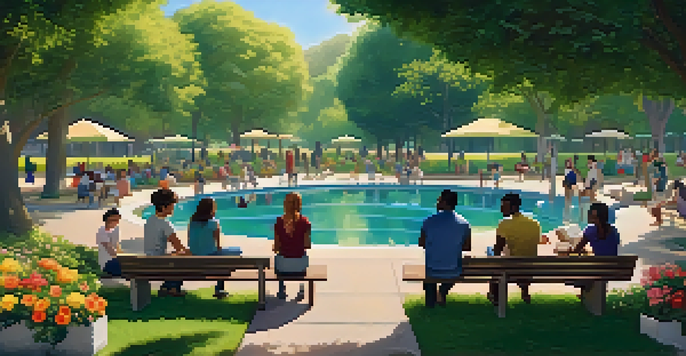 A diverse group of people in a park engaging in respectful discussions, surrounded by greenery and flowers under warm sunlight.