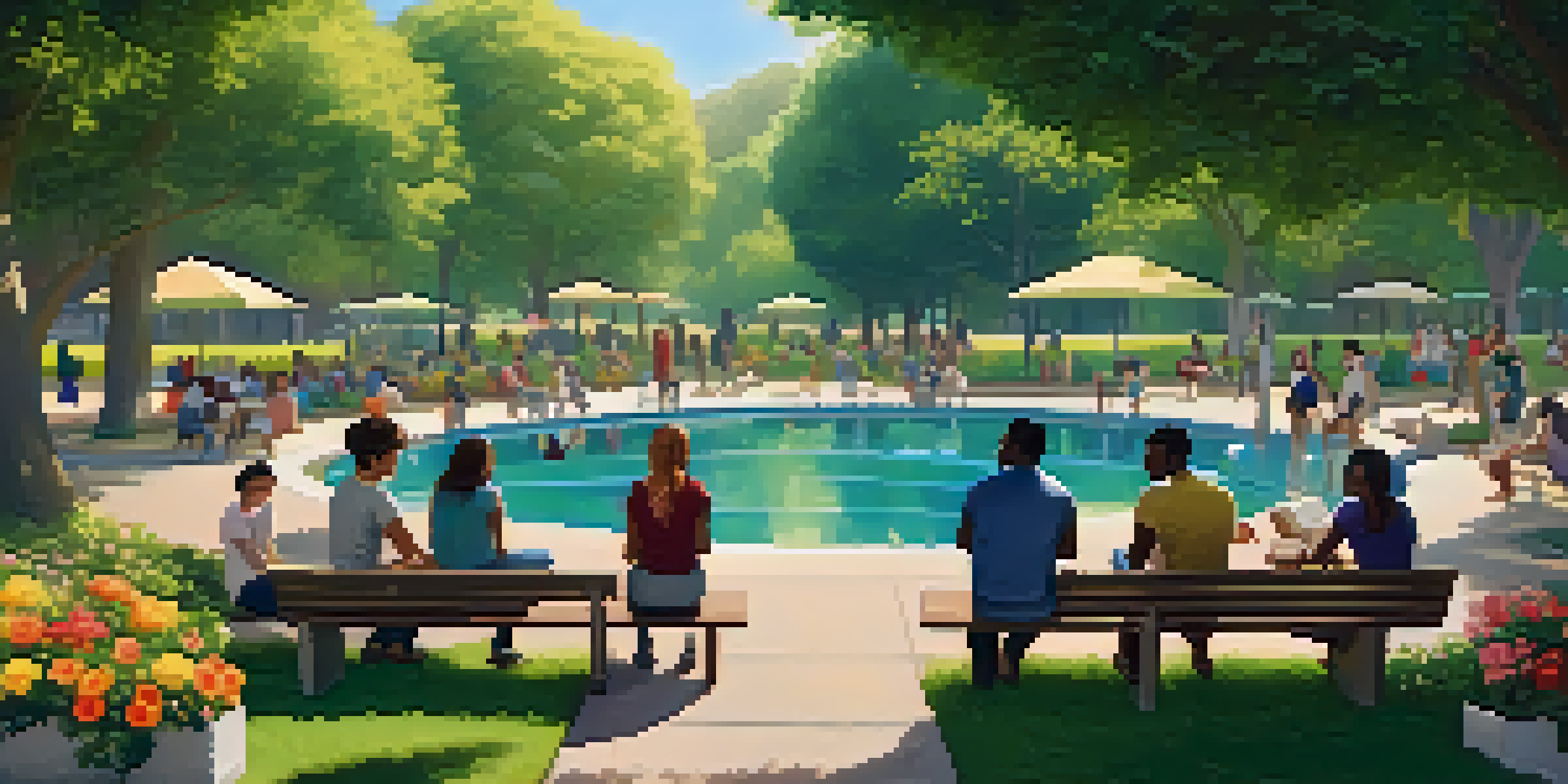 A diverse group of people in a park engaging in respectful discussions, surrounded by greenery and flowers under warm sunlight.