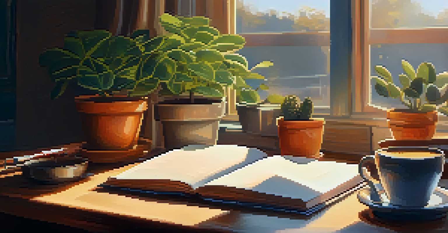 A warm and inviting workspace with a wooden desk, open notebook, and a cup of coffee, symbolizing creativity and authenticity.