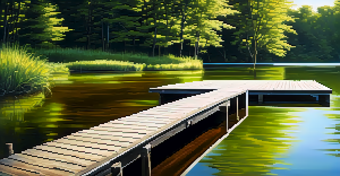 A peaceful lake surrounded by lush green trees and a wooden dock under a clear blue sky.