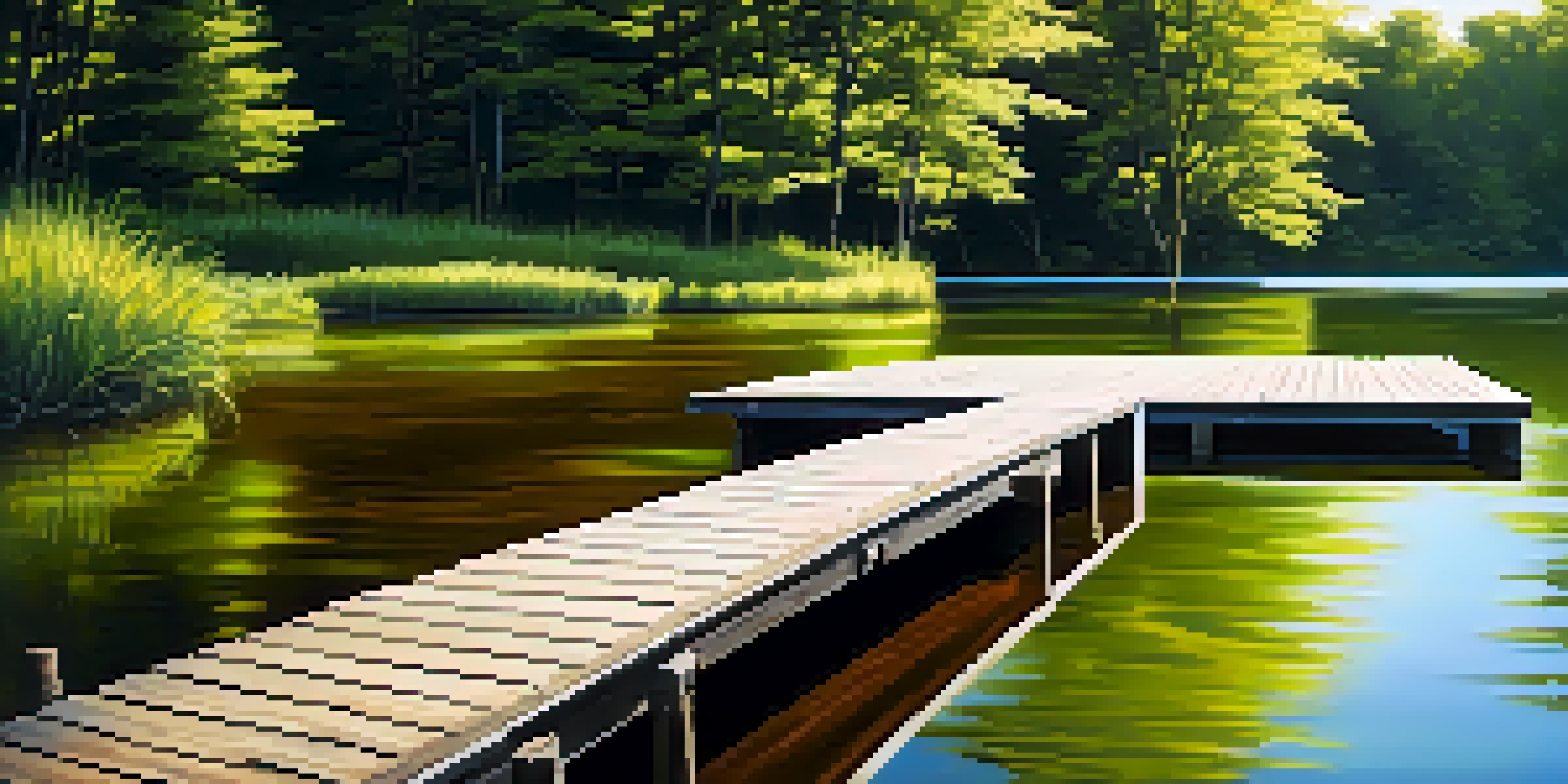 A peaceful lake surrounded by lush green trees and a wooden dock under a clear blue sky.