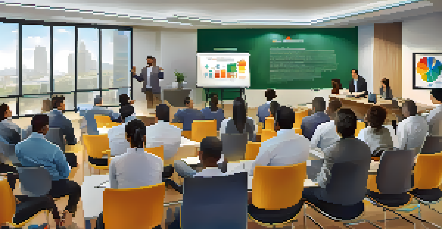 A diverse group of employees in a seminar room, attentively listening to a speaker demonstrating innovative concepts with technology.