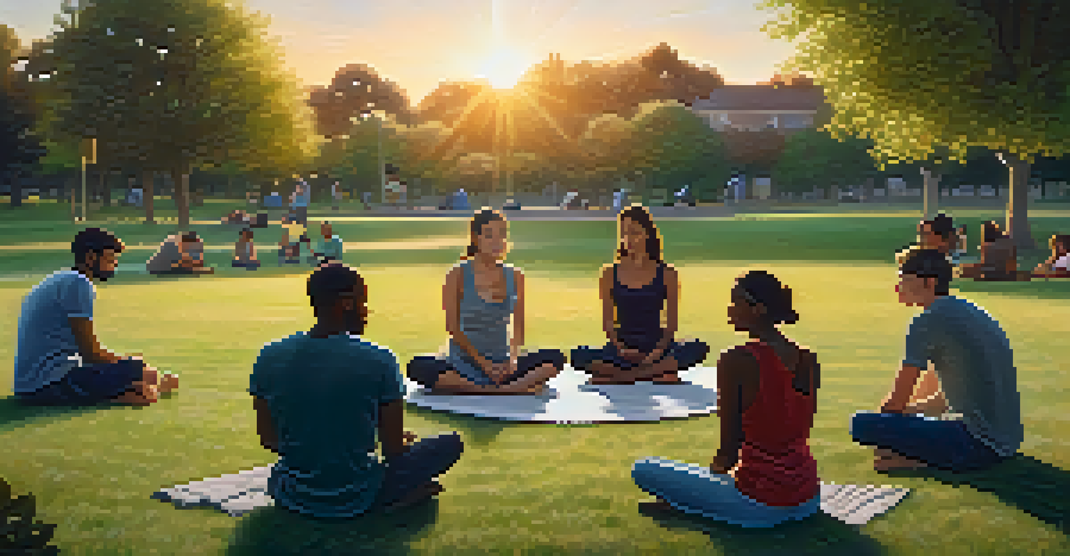 A diverse group of people practicing box breathing in a serene park during sunset, sitting in a circle with eyes closed.