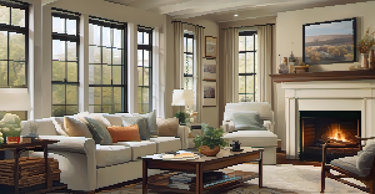 A warm and cozy living room with a fireplace, comfortable furniture, family photos on the walls, and an open gratitude journal on the coffee table.