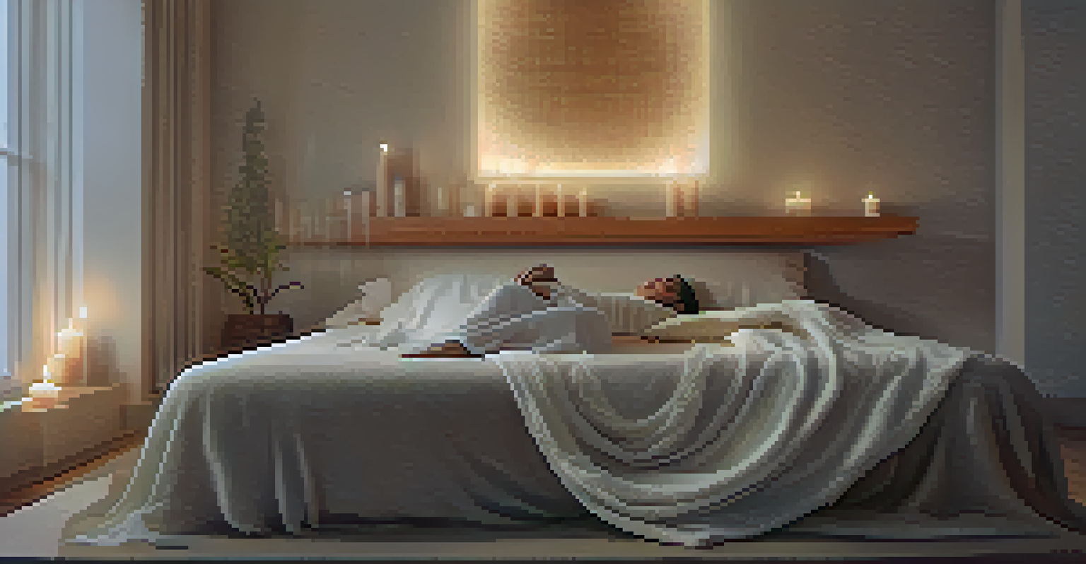 A person lying down in a tranquil room, practicing body scan meditation with soft lighting and a peaceful expression.