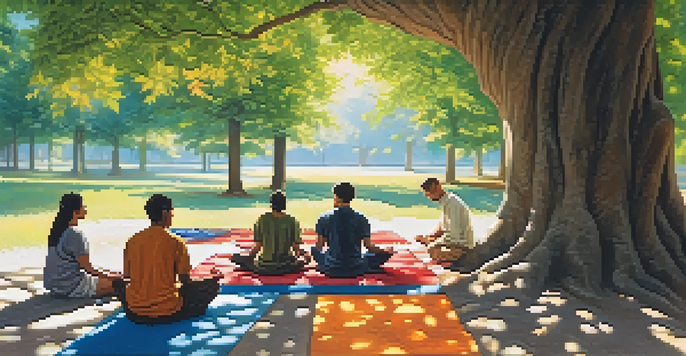 A diverse group of individuals meditating outdoors under a leafy tree, with sunlight filtering through the branches.