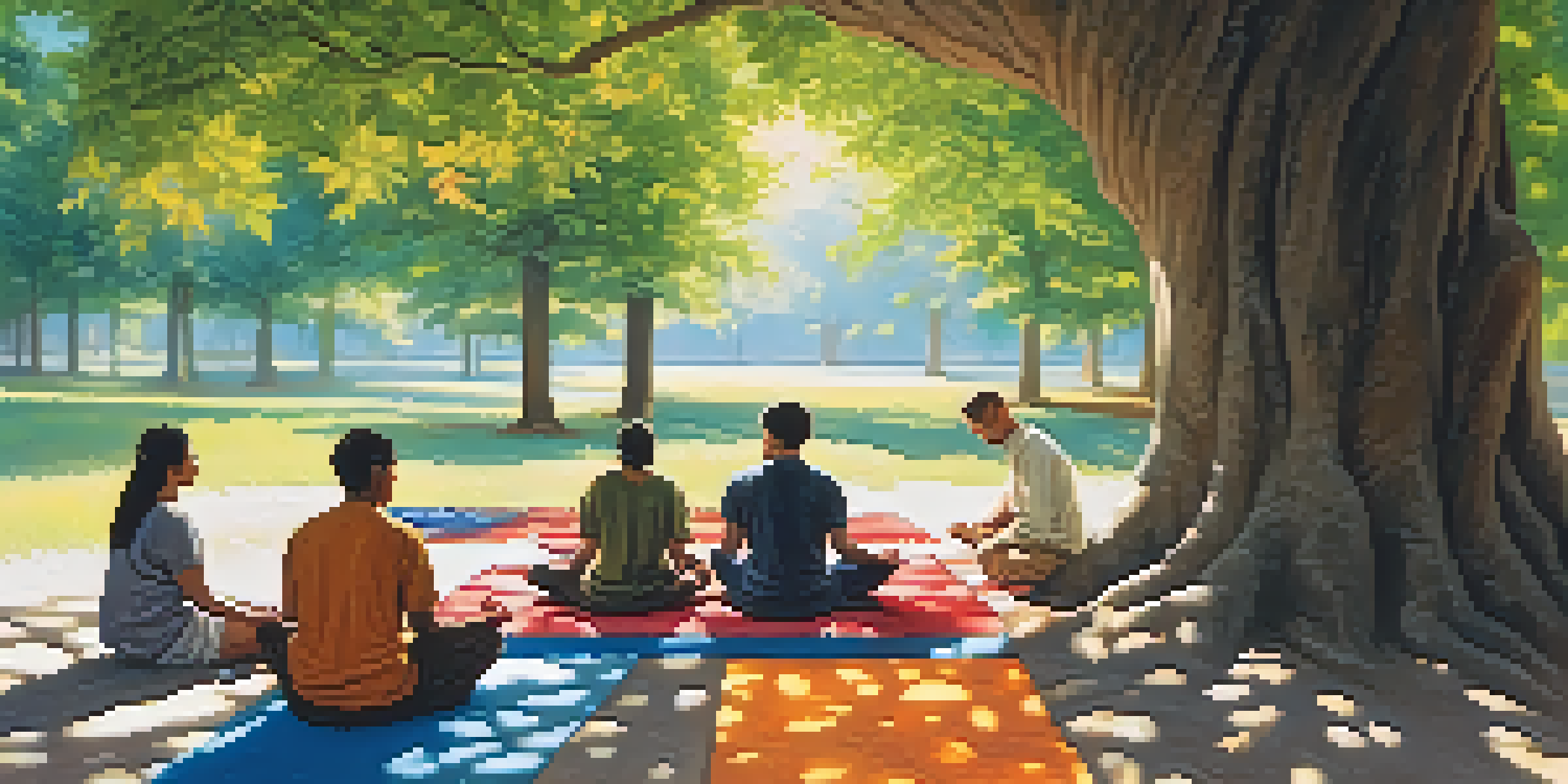 A diverse group of individuals meditating outdoors under a leafy tree, with sunlight filtering through the branches.