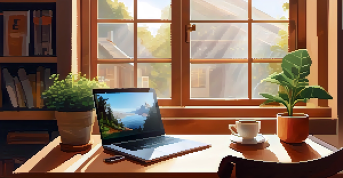 A cozy workspace featuring a wooden desk with a laptop, coffee cup, and books, illuminated by natural light.