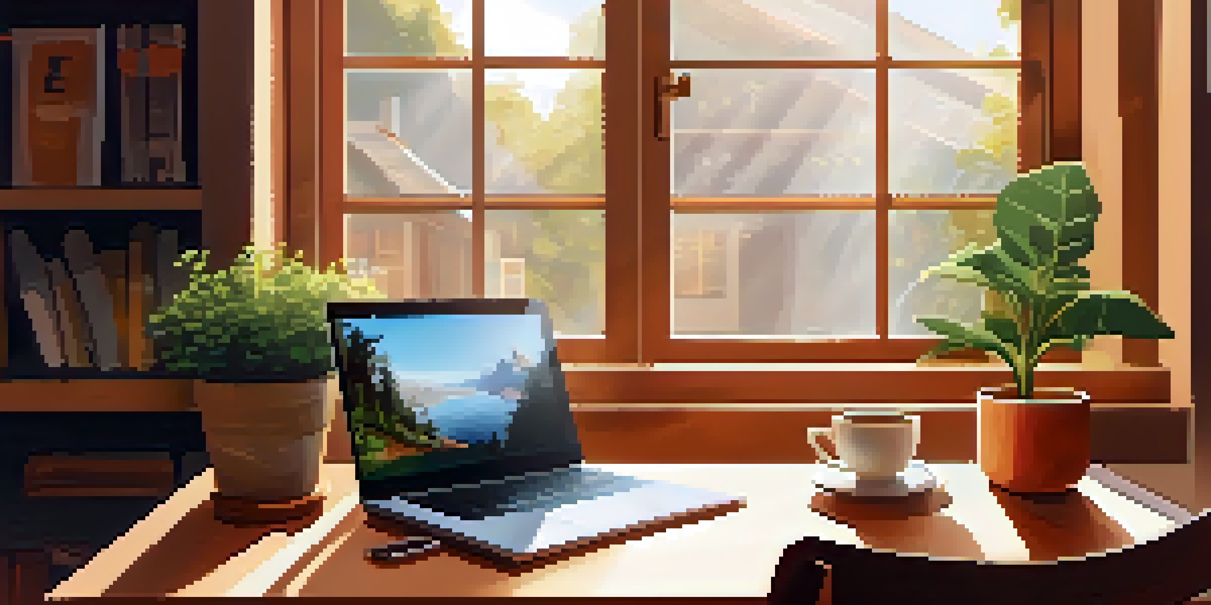 A cozy workspace featuring a wooden desk with a laptop, coffee cup, and books, illuminated by natural light.