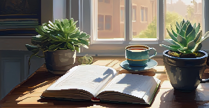 A peaceful workspace with a journal, tea, and a succulent, illuminated by soft morning light.