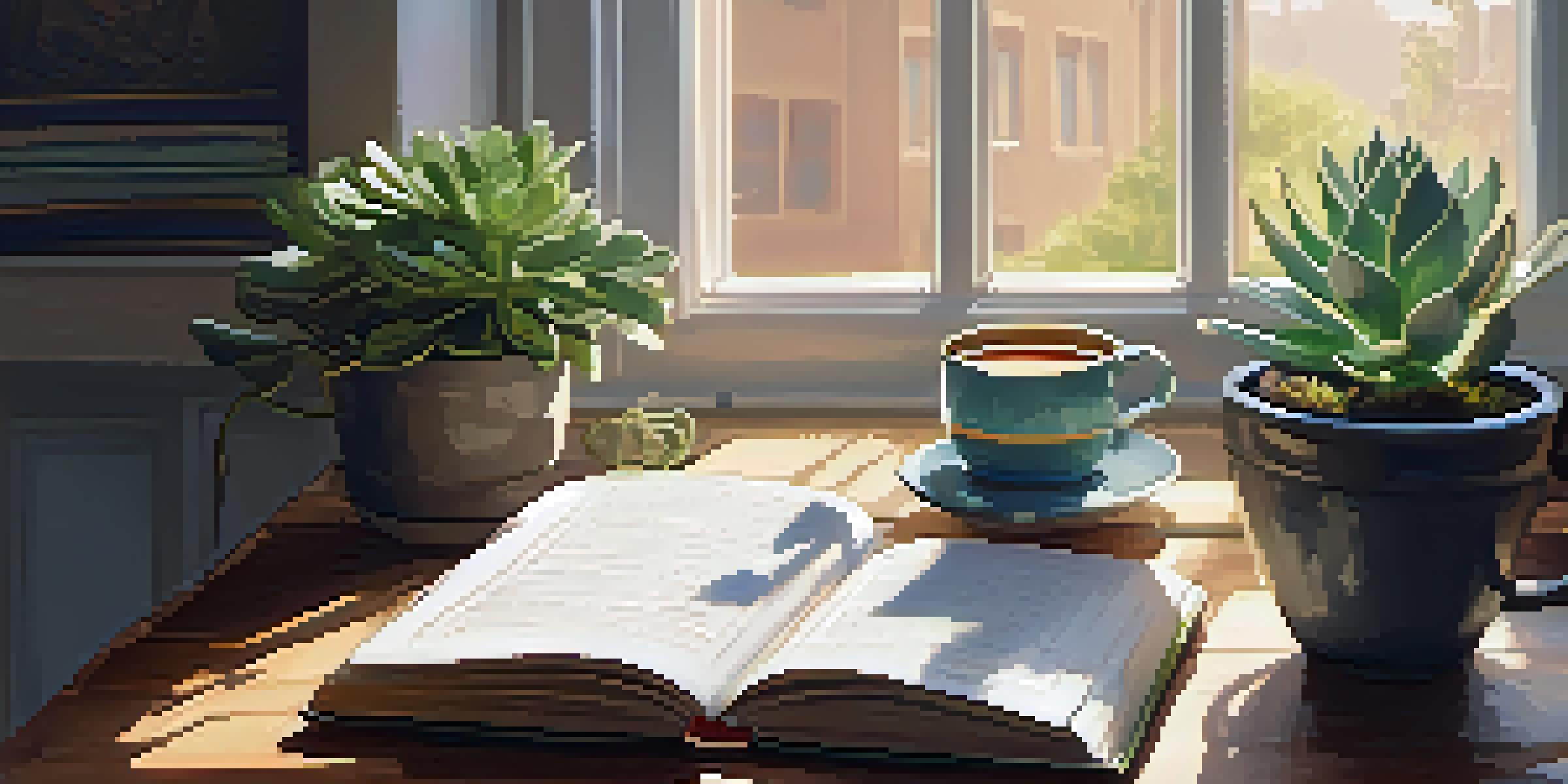 A peaceful workspace with a journal, tea, and a succulent, illuminated by soft morning light.