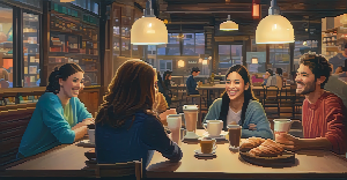 A group of friends enjoying coffee together in a warm, inviting coffee shop.