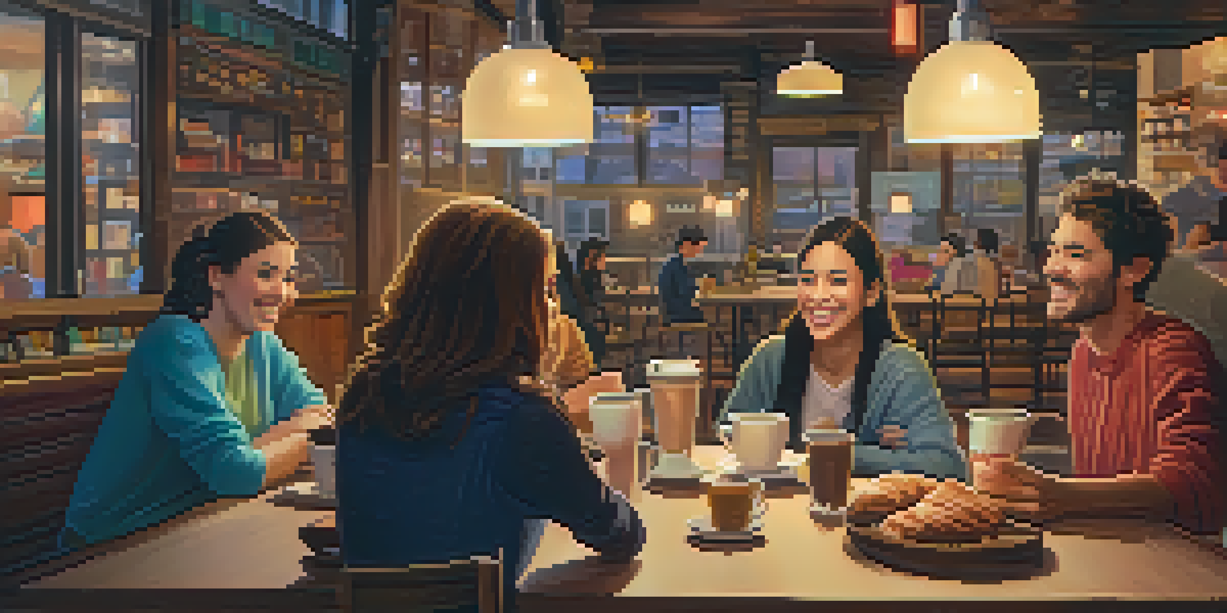 A group of friends enjoying coffee together in a warm, inviting coffee shop.