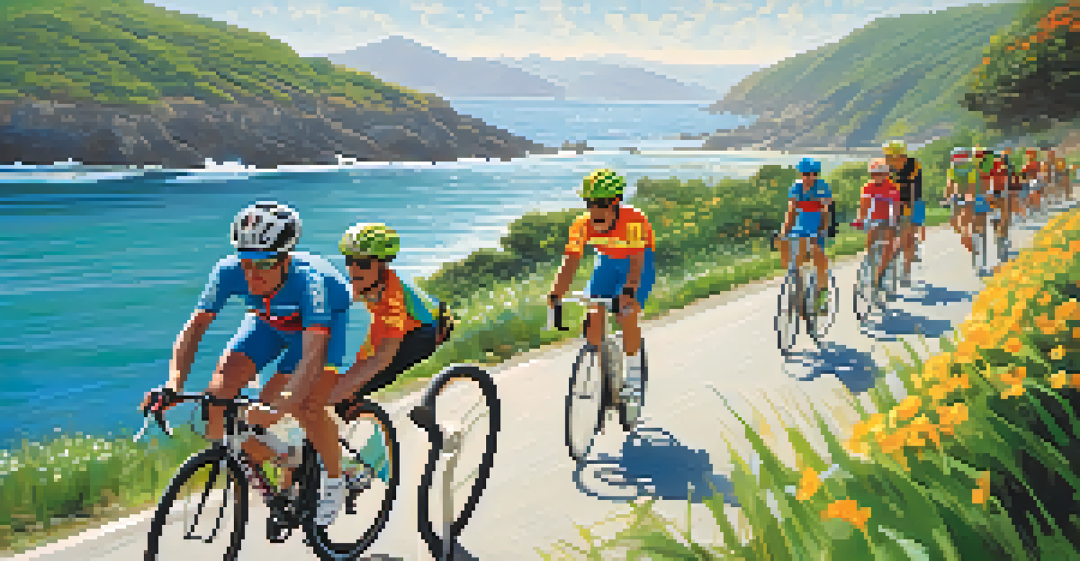 A group of cyclists riding along a beautiful coastal road, with the ocean and greenery in the background, under bright sunlight.