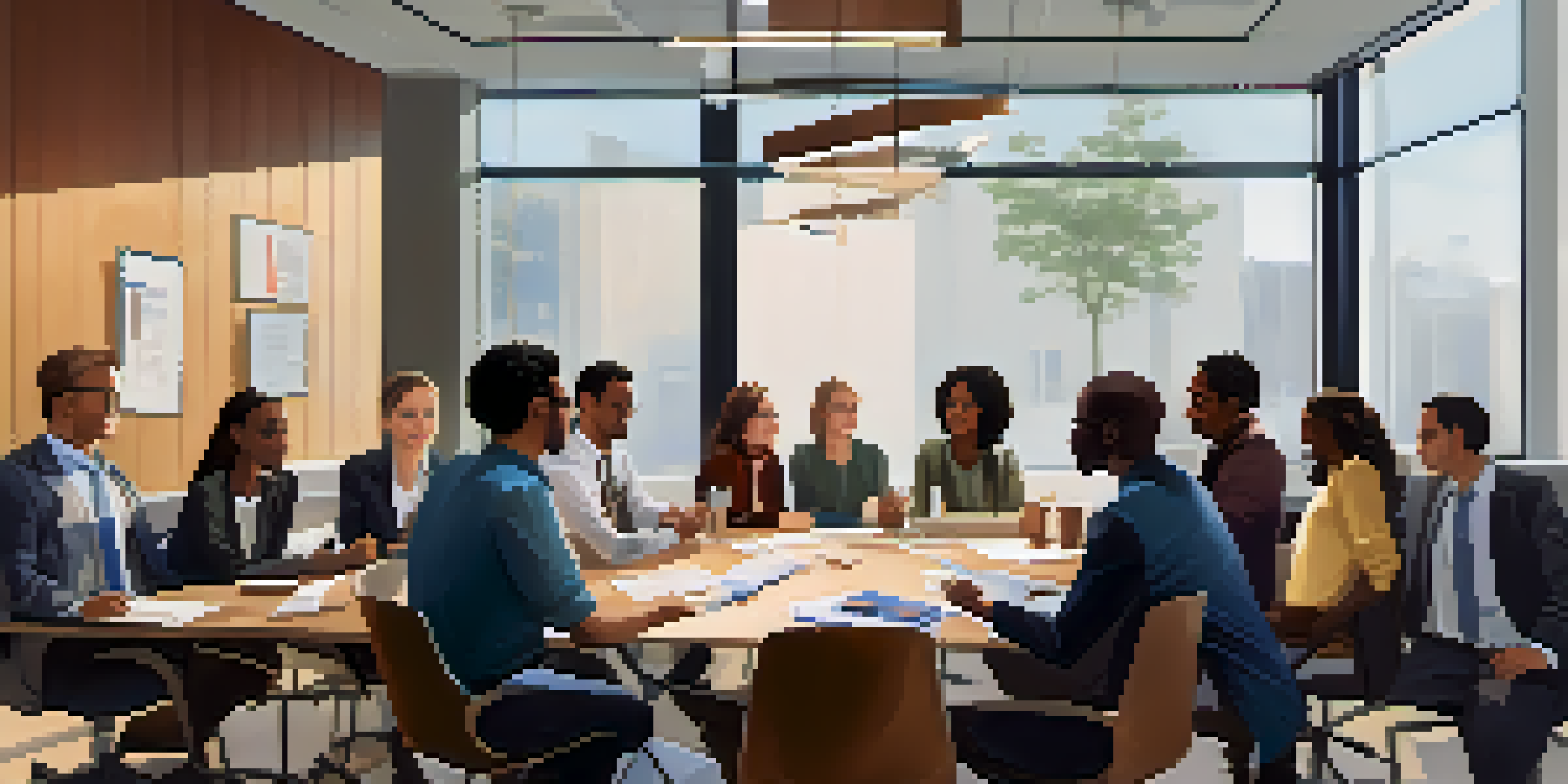A diverse team of professionals engaged in a discussion around a conference table, with natural light illuminating the room.