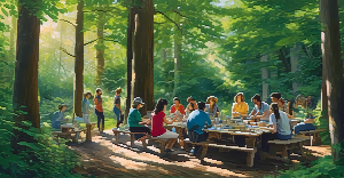 A diverse group of participants engaged in a workshop outdoors in a sunny forest, surrounded by nature and art supplies.
