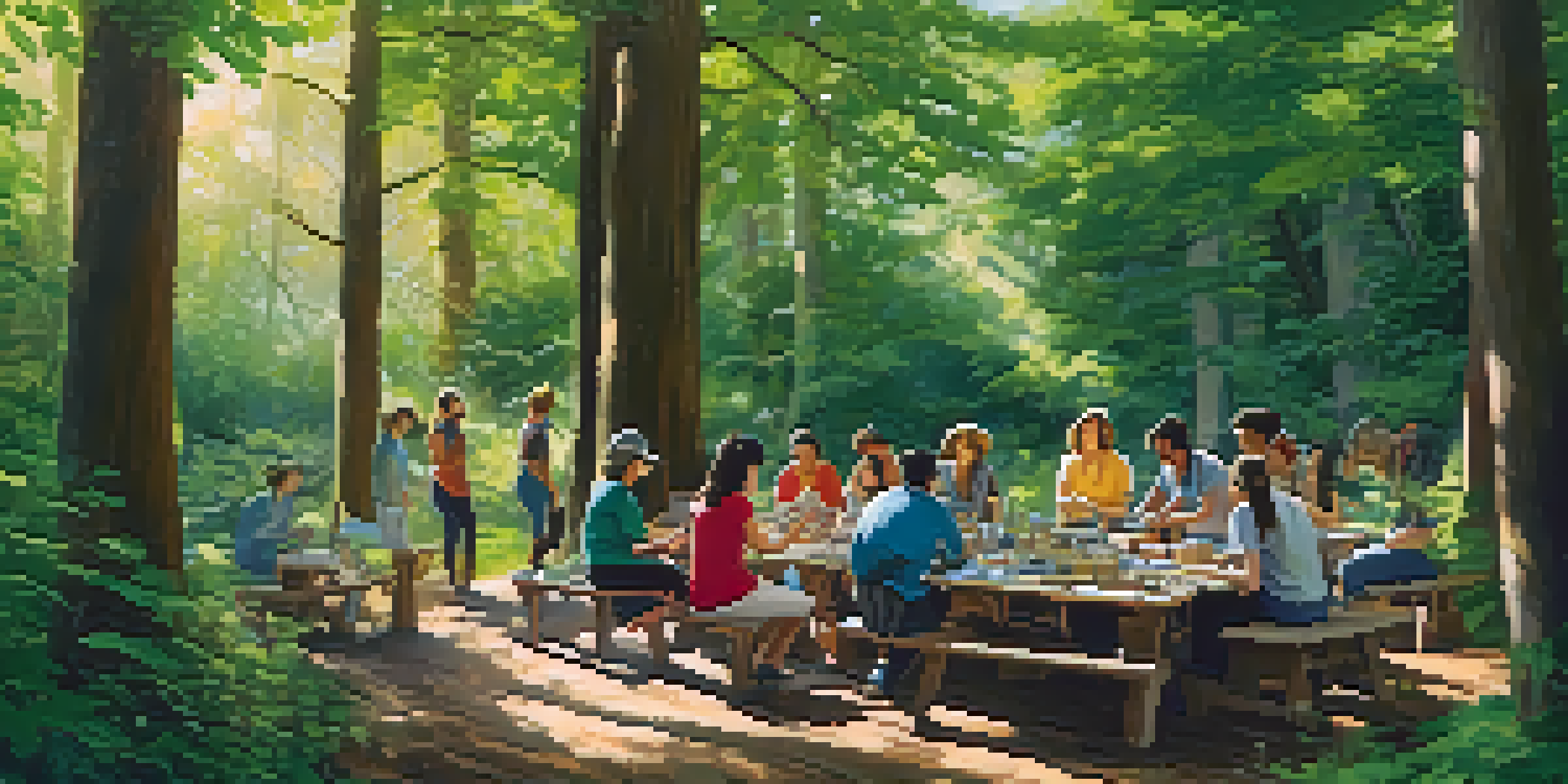 A diverse group of participants engaged in a workshop outdoors in a sunny forest, surrounded by nature and art supplies.