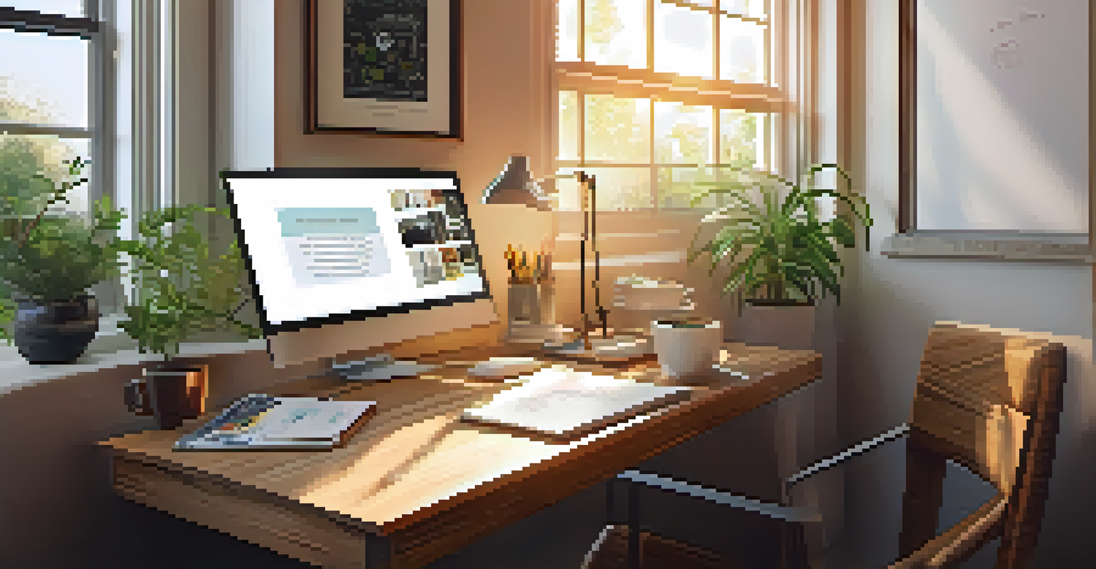 An inviting home office setup with a laptop, coffee, and a vision board, illuminated by sunlight.