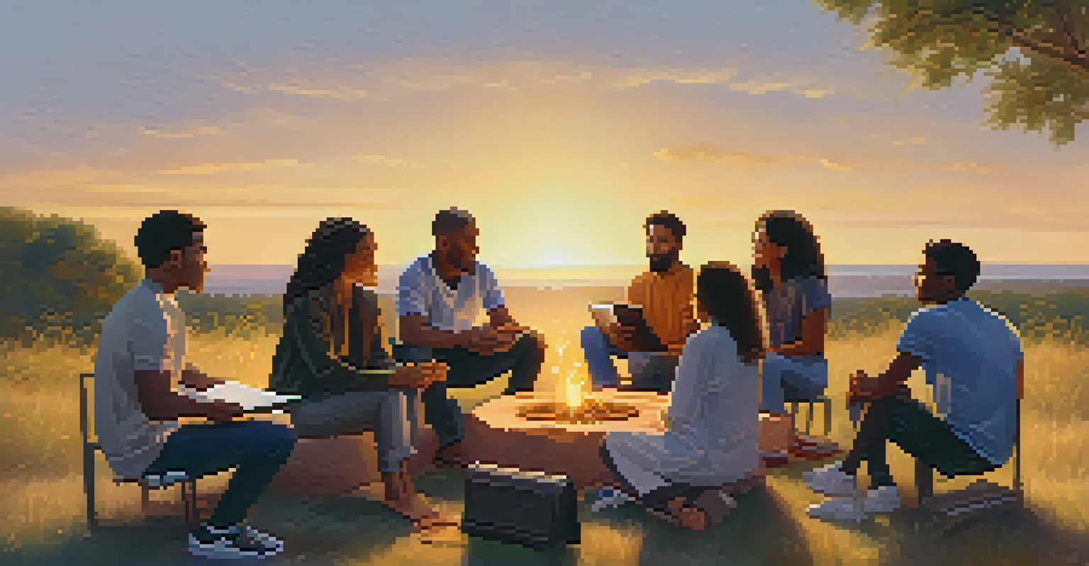 A diverse group of individuals sharing goals and supporting each other in an outdoor setting during sunset.