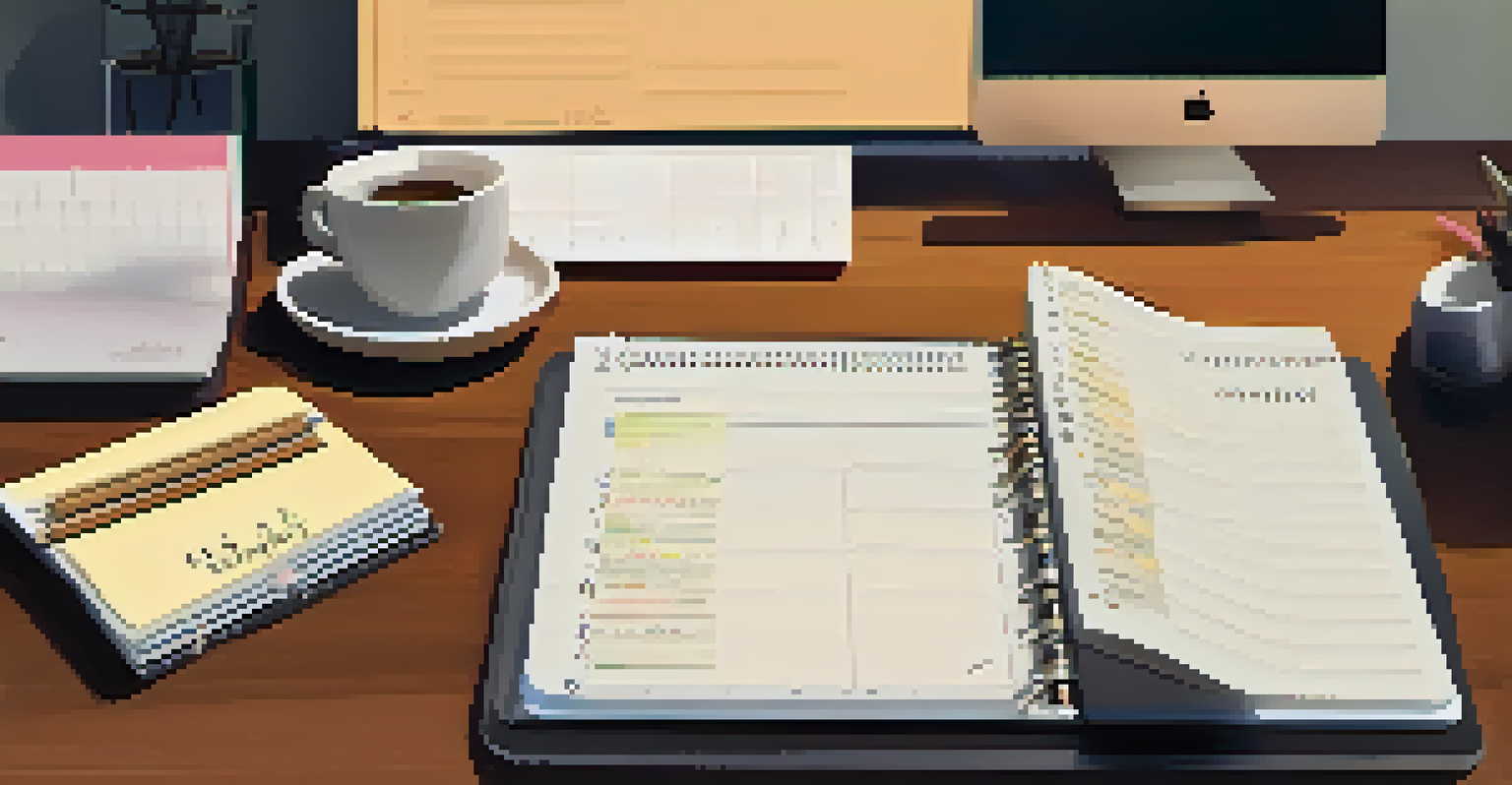 A well-organized desk with a planner, laptop, sticky notes with quotes, and a cup of coffee in a warm light setting.