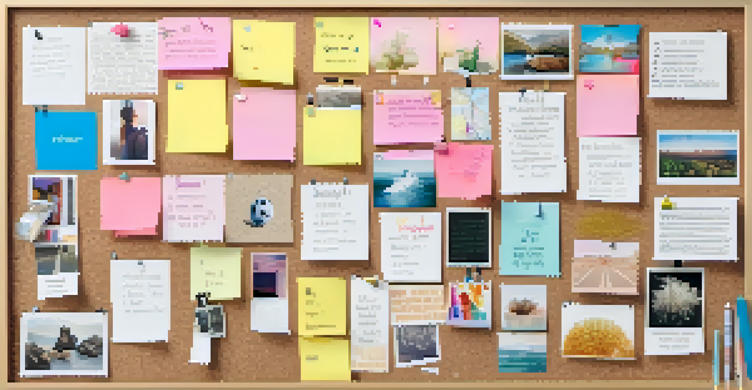 A vibrant vision board on a corkboard filled with images, quotes, and colorful sticky notes.