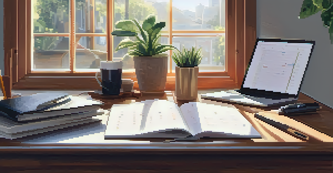 A cozy office workspace with a wooden desk, an open planner, a cup of coffee, and a plant, illuminated by soft morning light.