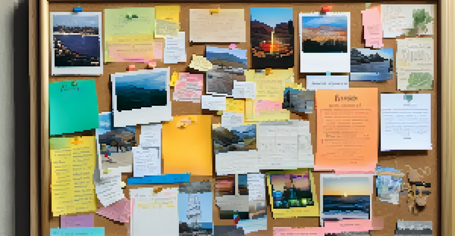 A vision board collage with images and sticky notes representing personal goals and aspirations, illuminated by warm lighting.