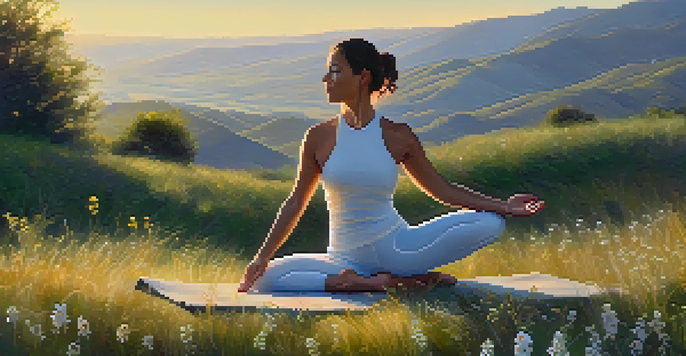 A person doing yoga on a grassy hillside during sunrise, surrounded by wildflowers, with gentle hills and a blue sky in the background.