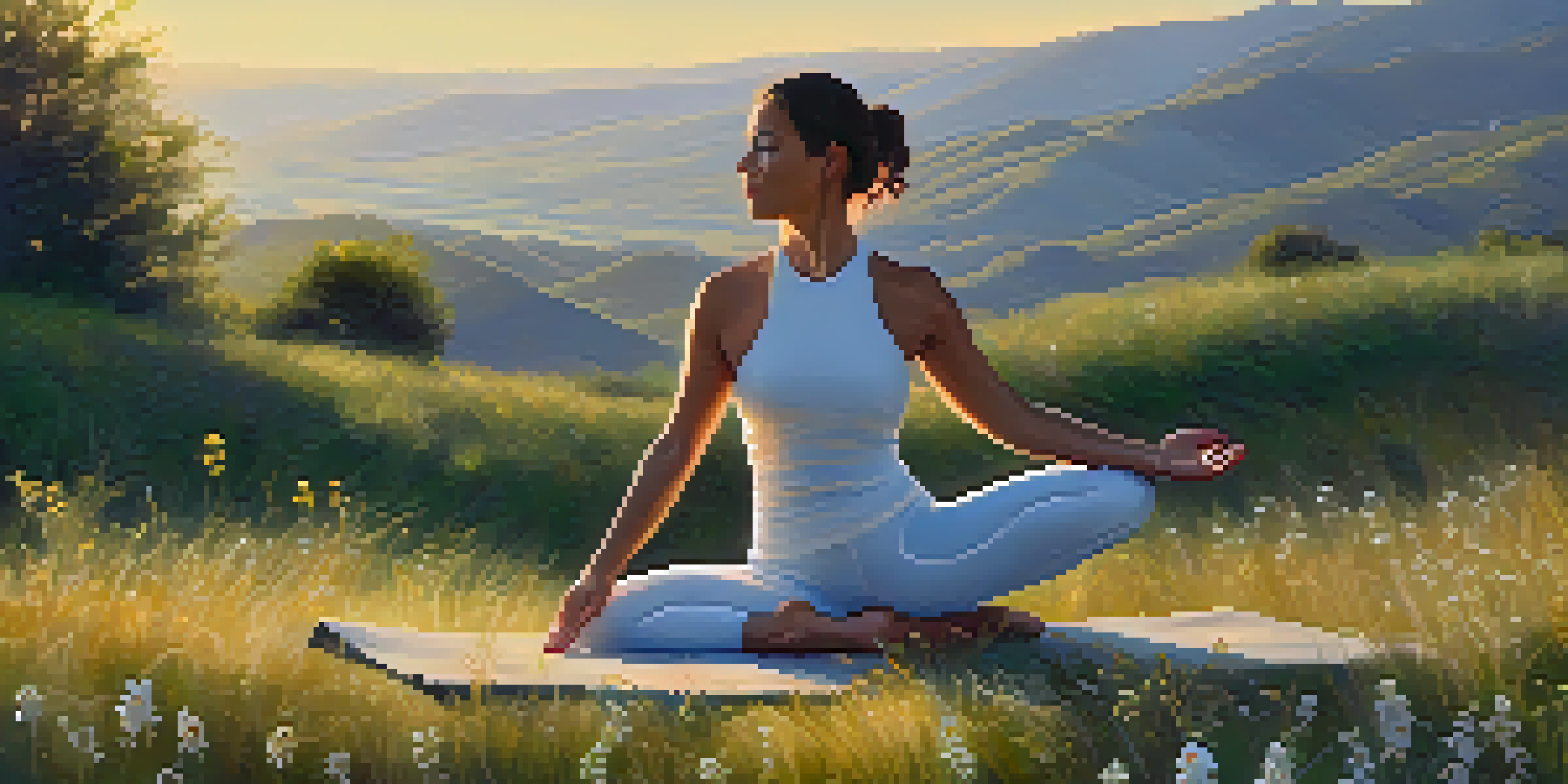 A person doing yoga on a grassy hillside during sunrise, surrounded by wildflowers, with gentle hills and a blue sky in the background.