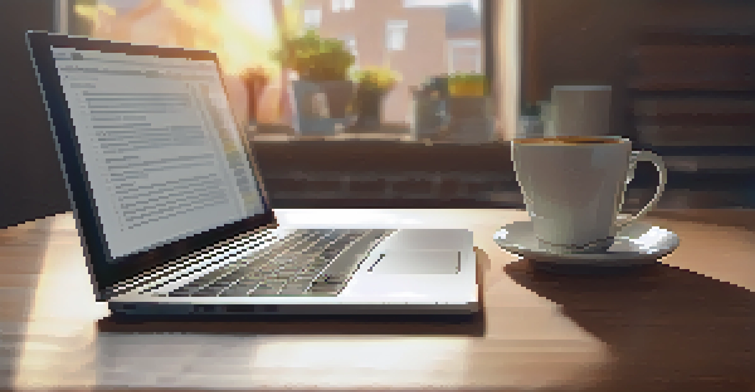 Close-up of hands typing on a laptop with a notebook and coffee cup beside it in a home office.