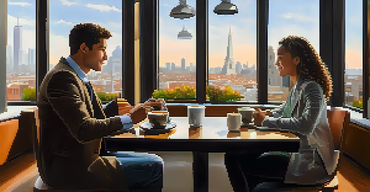 A seasoned entrepreneur mentoring a young mentee over coffee in a modern cafe, with laptops open and a city view in the background.