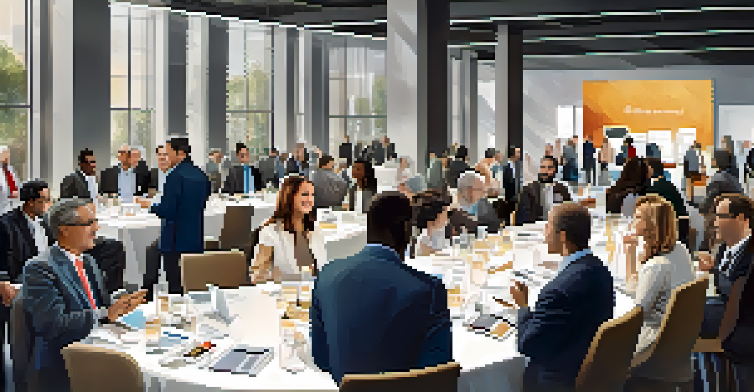 A diverse group of professionals engaging in networking at a conference, surrounded by banners and tables.