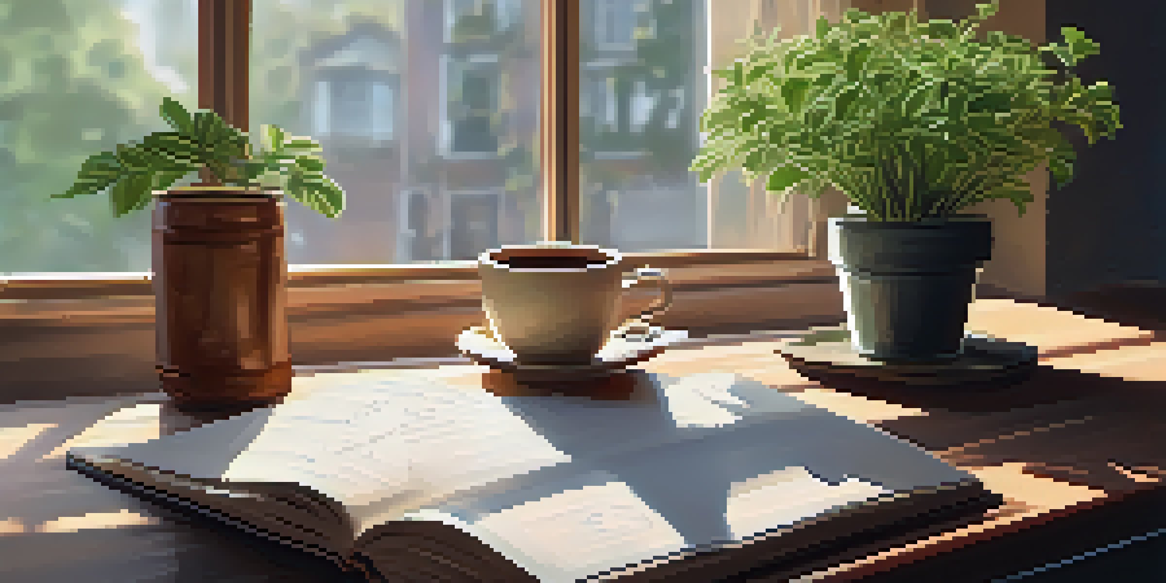 A peaceful workspace with a wooden desk, a journal, a pen, a cup of tea, and a potted plant, illuminated by soft morning light.