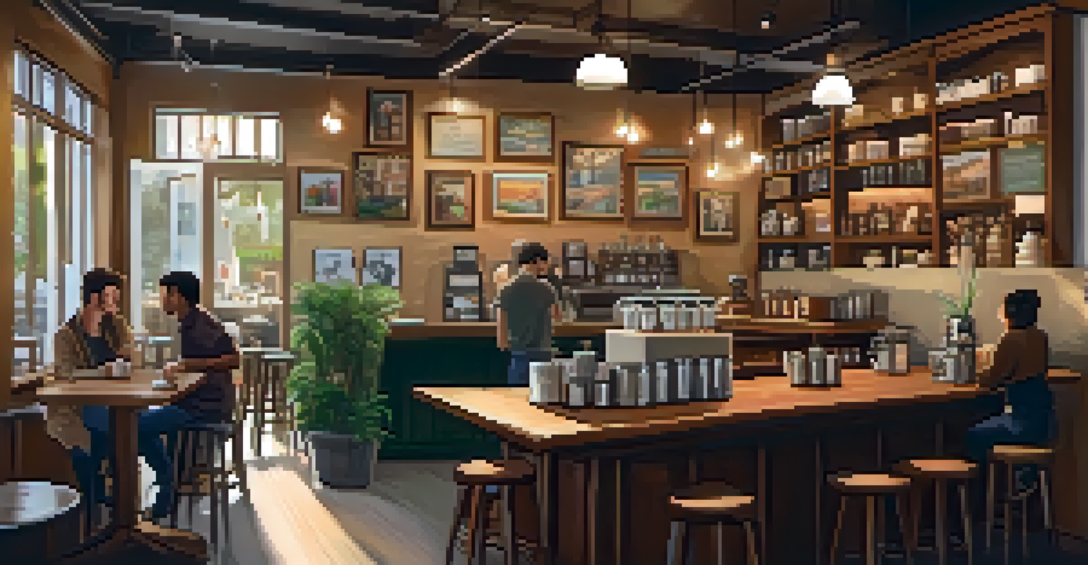 A cozy coffee shop interior with warm lighting, wooden furniture, and customers engaged in conversation.