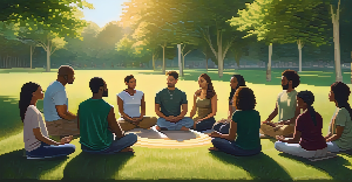 A diverse group of individuals meditating in a circle outdoors during sunset, surrounded by lush greenery.