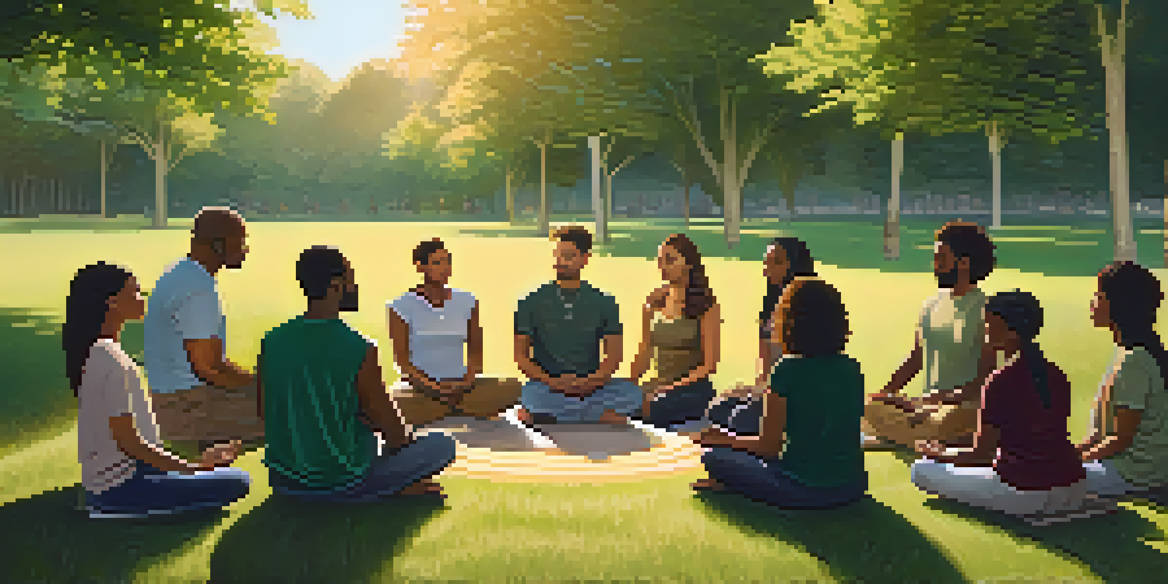A diverse group of individuals meditating in a circle outdoors during sunset, surrounded by lush greenery.