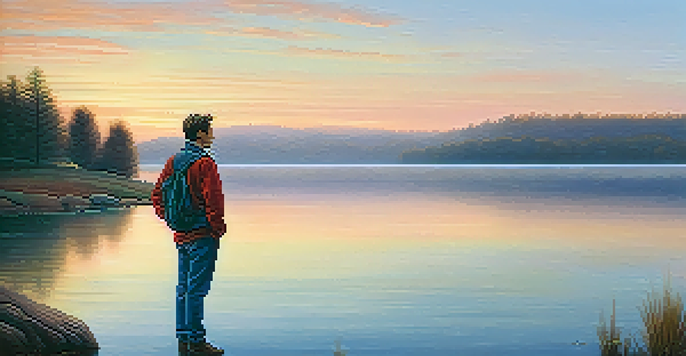A person stands at the edge of a calm lake at sunrise, with mist rising and pastel colors reflected in the water, representing contemplation and new opportunities.
