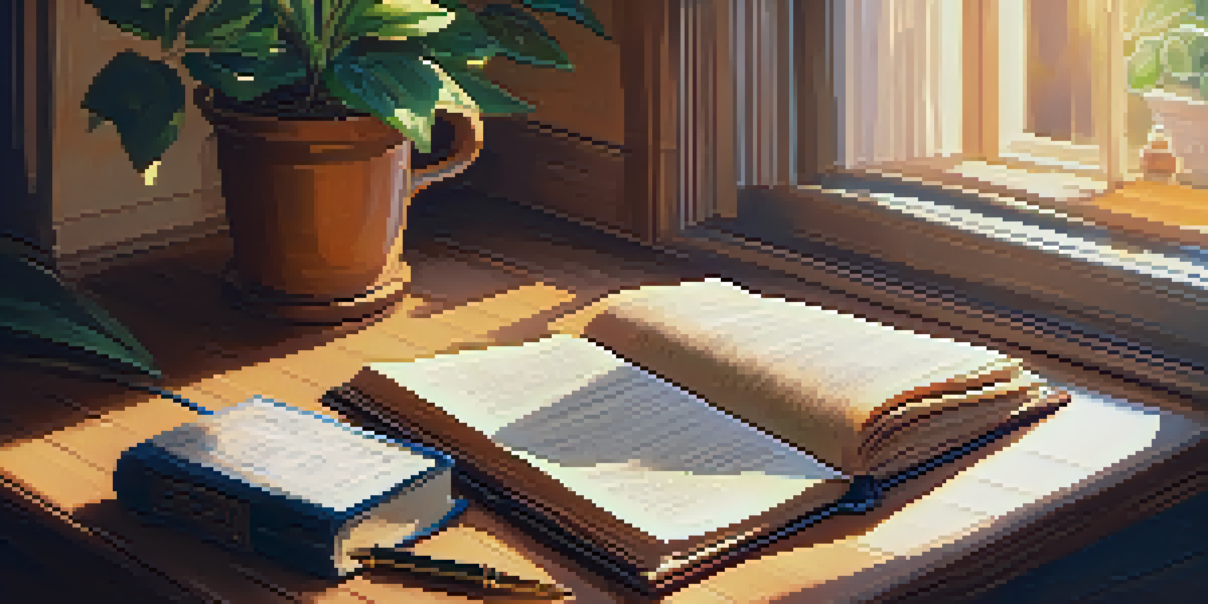 A cozy writing nook with a wooden desk, an open journal, a fountain pen, plants, and a cup of coffee, illuminated by soft sunlight.