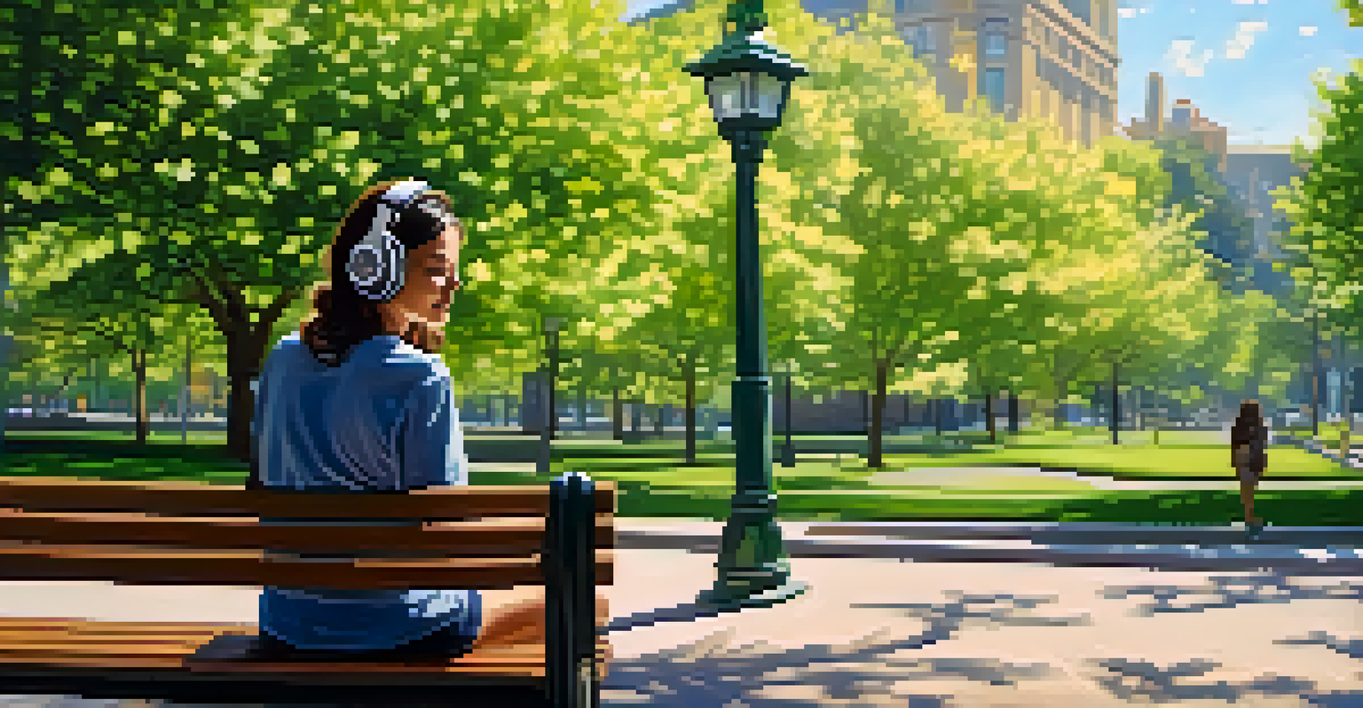 A woman sitting on a park bench, wearing headphones and listening to a podcast in a lush outdoor setting.