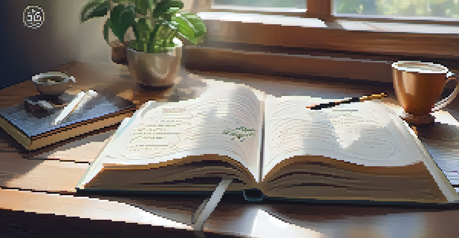 A hand writing in a journal with motivational quotes and goals, set in a cozy room with a steaming cup of tea and a plant.