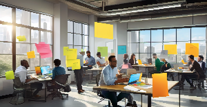 A diverse group of entrepreneurs brainstorming in a colorful office filled with sticky notes and laptops, with natural light coming through large windows.