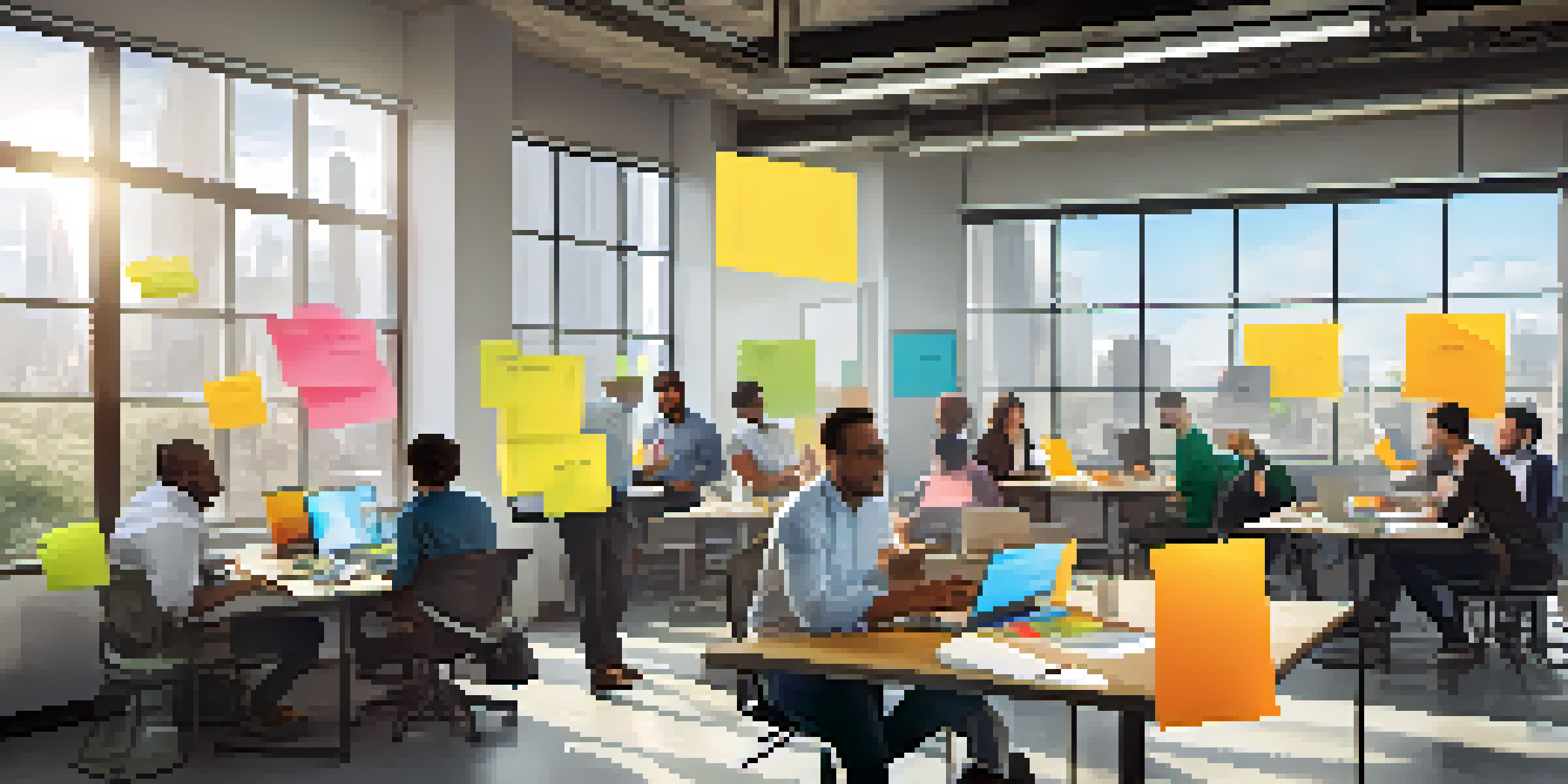 A diverse group of entrepreneurs brainstorming in a colorful office filled with sticky notes and laptops, with natural light coming through large windows.