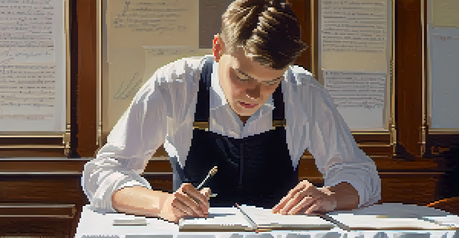 A person rehearsing a speech in front of a mirror, practicing body language and facial expressions, with notes on a table.