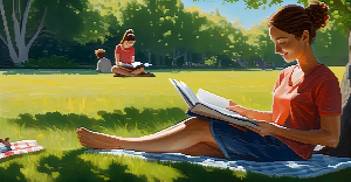 Two friends sitting on a picnic blanket in a park, discussing their goals with a notebook in hand, surrounded by greenery and flowers.