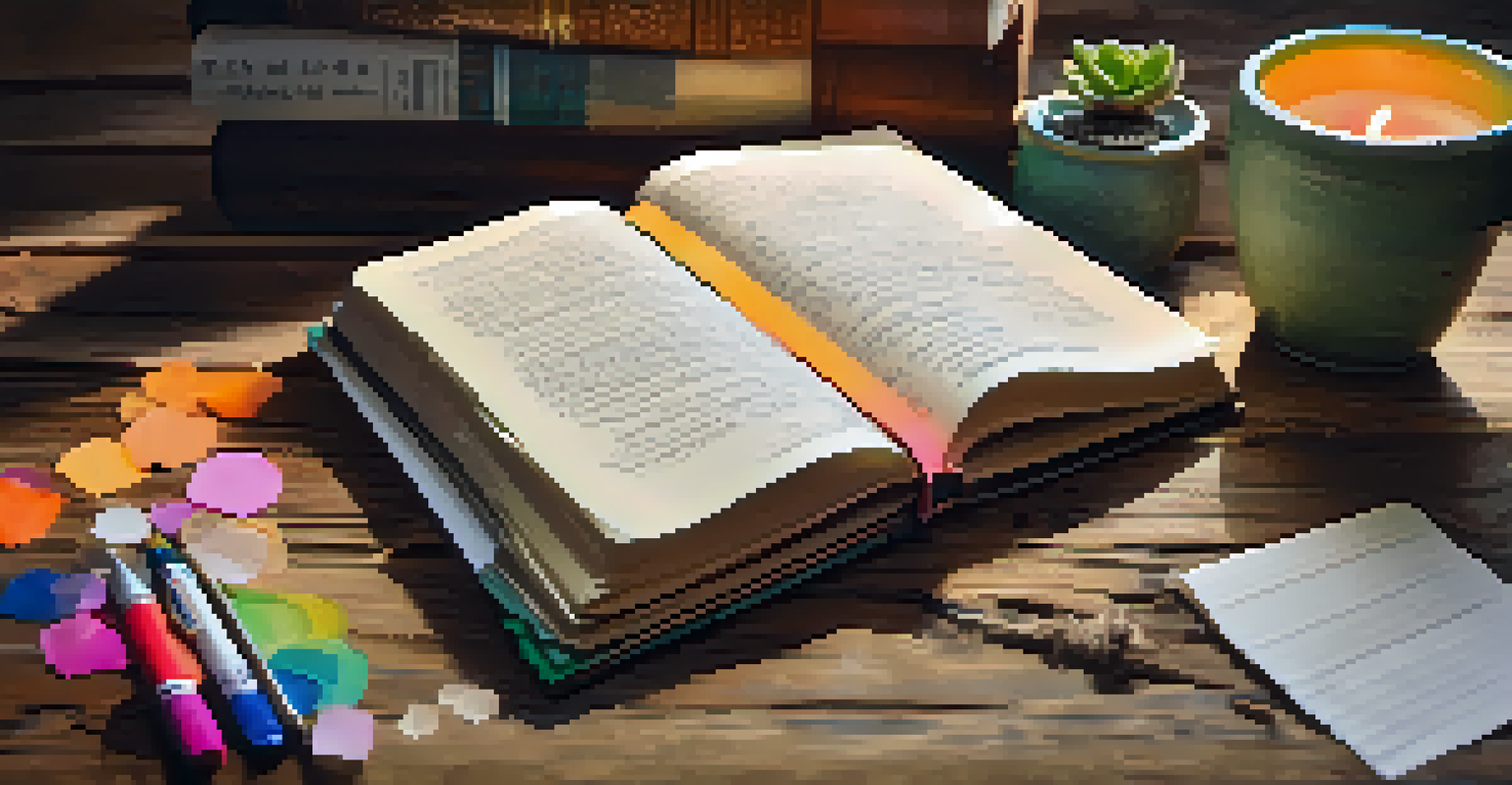 A rustic table with an open journal, colorful pens, and a potted plant, evoking a creative atmosphere.