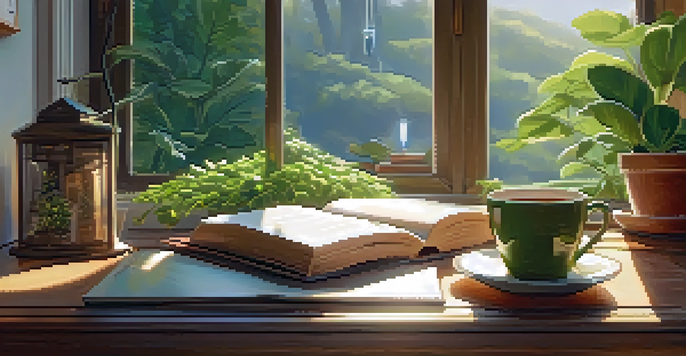 A warm workspace with a wooden desk, an open journal, a steaming cup of tea, and sunlight streaming through a window.